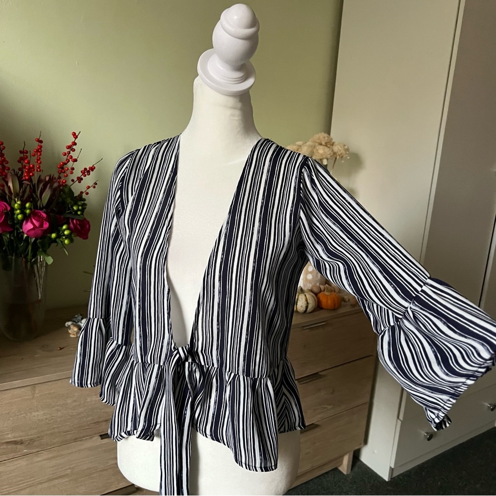Navy & White Stripe Front Tie Ruffle Flare 3/4 Sleeve Wrap Top Shirt Blouse XS-S
